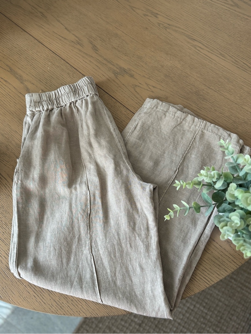 Linen Blend Wide Leg Pants Neutral Beige High Waist Elastic Back Casual Chic